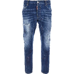 Tidy Biker Blue Jeans with Paint Embellishments and Logo Patch on the Rear in Denim Man