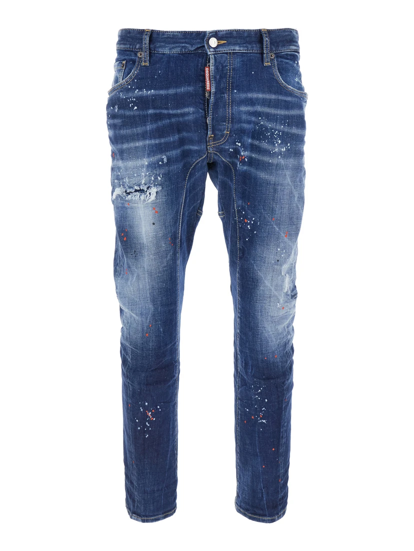 Tidy Biker Blue Jeans with Paint Embellishments and Logo Patch on the Rear in Denim Man