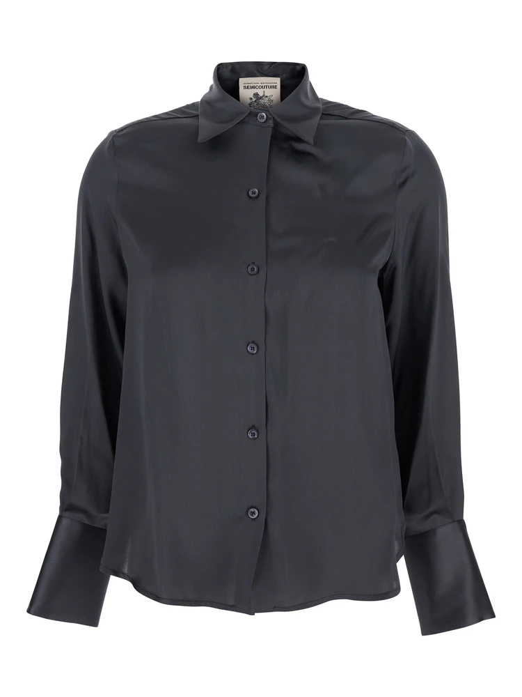 Grey Shirt with Classic Collar in Silk Woman