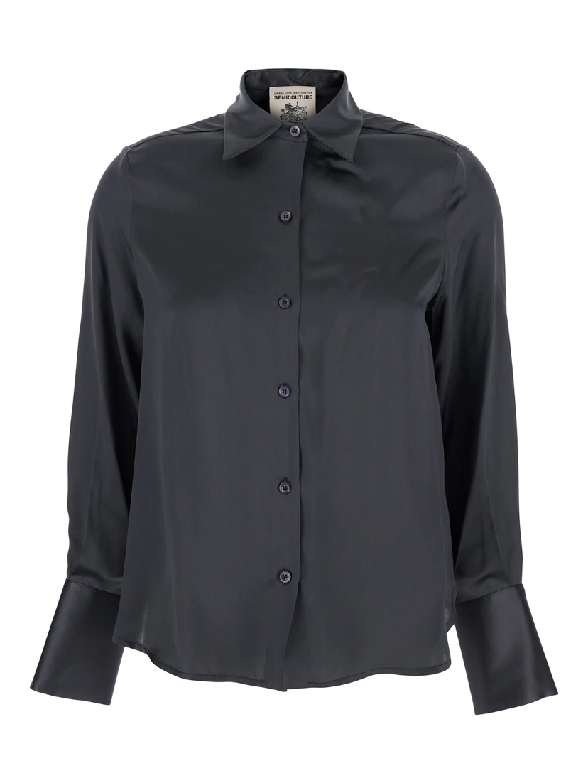 Grey Shirt with Classic Collar in Silk Woman
