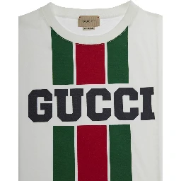 White T-Shirt with Logo Print and Web Detail in Cotton Boy