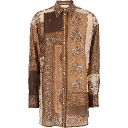 Lucky Brown Shirt with Classic Collar and All-Over Floral Print in Silk Woman