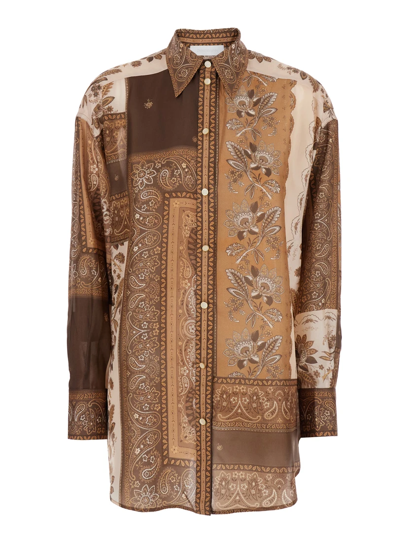 Lucky Brown Shirt with Classic Collar and All-Over Floral Print in Silk Woman