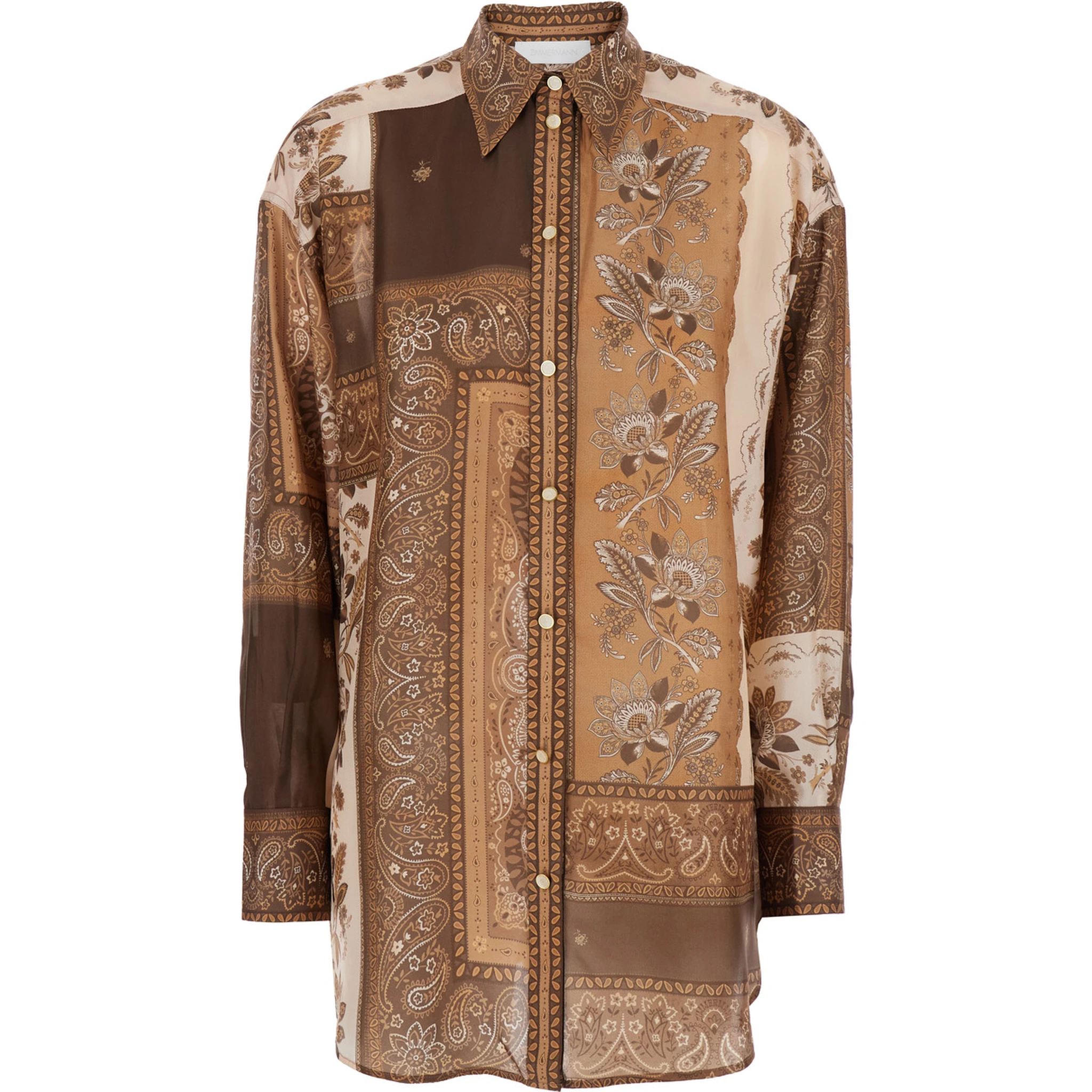 Lucky Brown Shirt with Classic Collar and All-Over Floral Print in Silk Woman