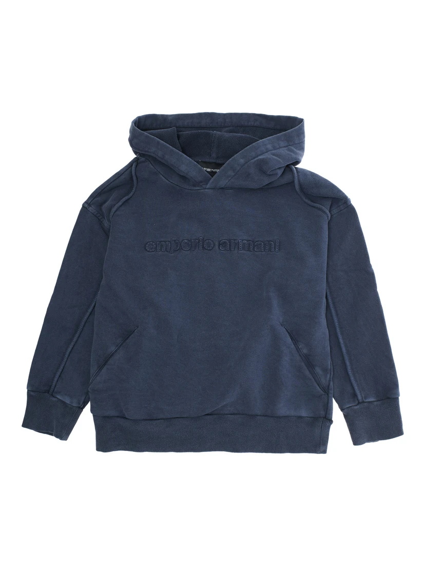 Blue Hoodie with Drawstring Hood and Logo Lettering on the Front in Cotton Boy