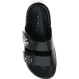 Turnlock Black Sandals with Double Strap and Logo Plaque in Leather Woman