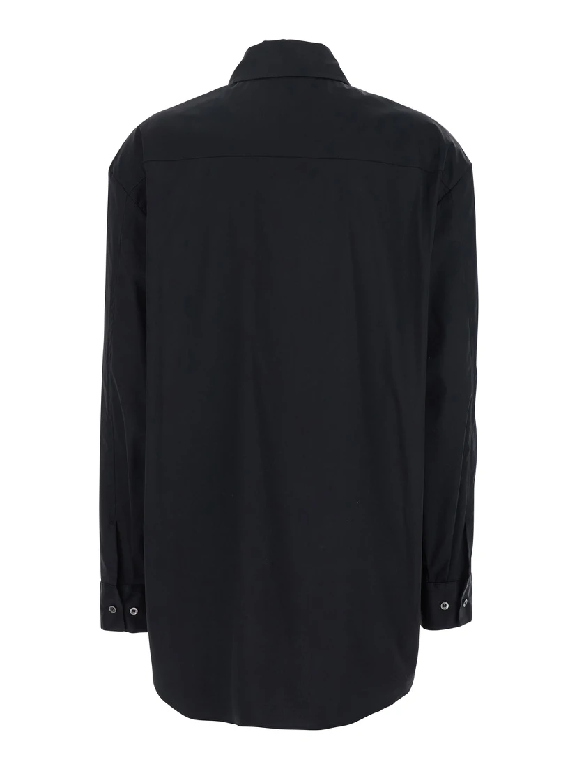 Black Shirt with Classic Collar and Rhinestone Embellishments on the Front in Cotton Woman