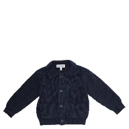 Blue Cardigan with Ribbed Design and Embroidered Logo on Front in Cotton Mix Baby