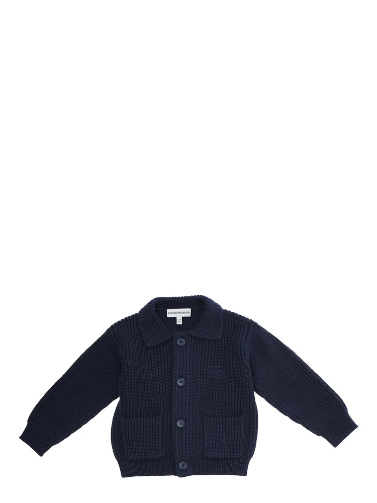 Blue Cardigan with Ribbed Design and Embroidered Logo on Front in Cotton Mix Baby