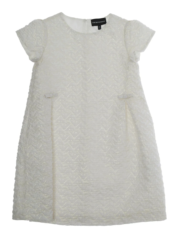 White Dress with Peter Pan Collar and All-Over Logo Embroidery in Tech Fabric Girl