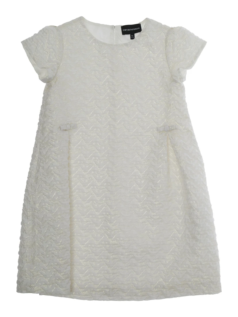 White Dress with Peter Pan Collar and All-Over Logo Embroidery in Tech Fabric Girl