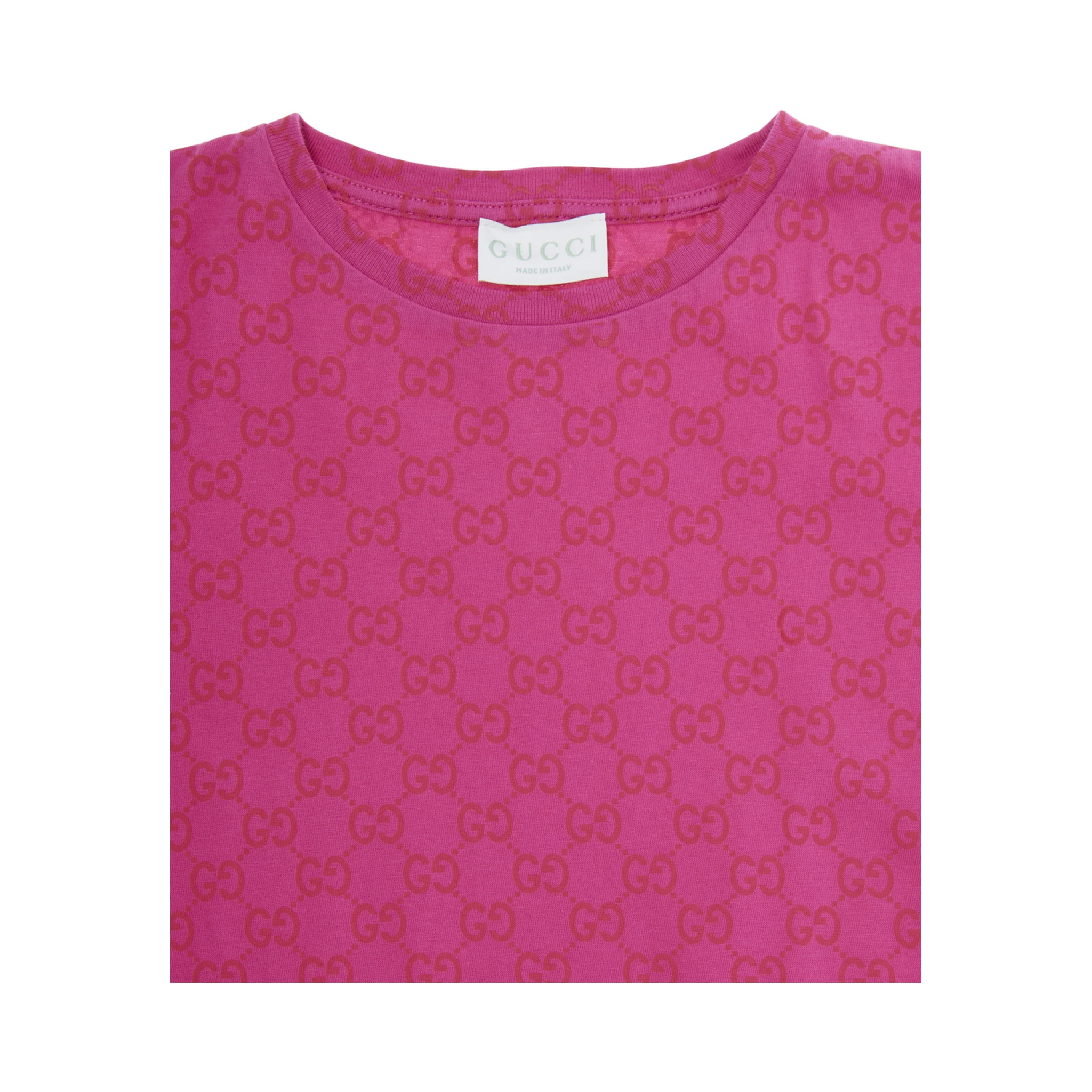 Fuchsia Crewneck T-Shirt with All-Over GG Print in Cotton Jersey Girl