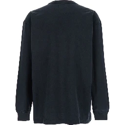 Black Crewneck T-Shirt with Long Sleeves and Tonal Logo Lettering Embroidery on the Front in Cotton Man