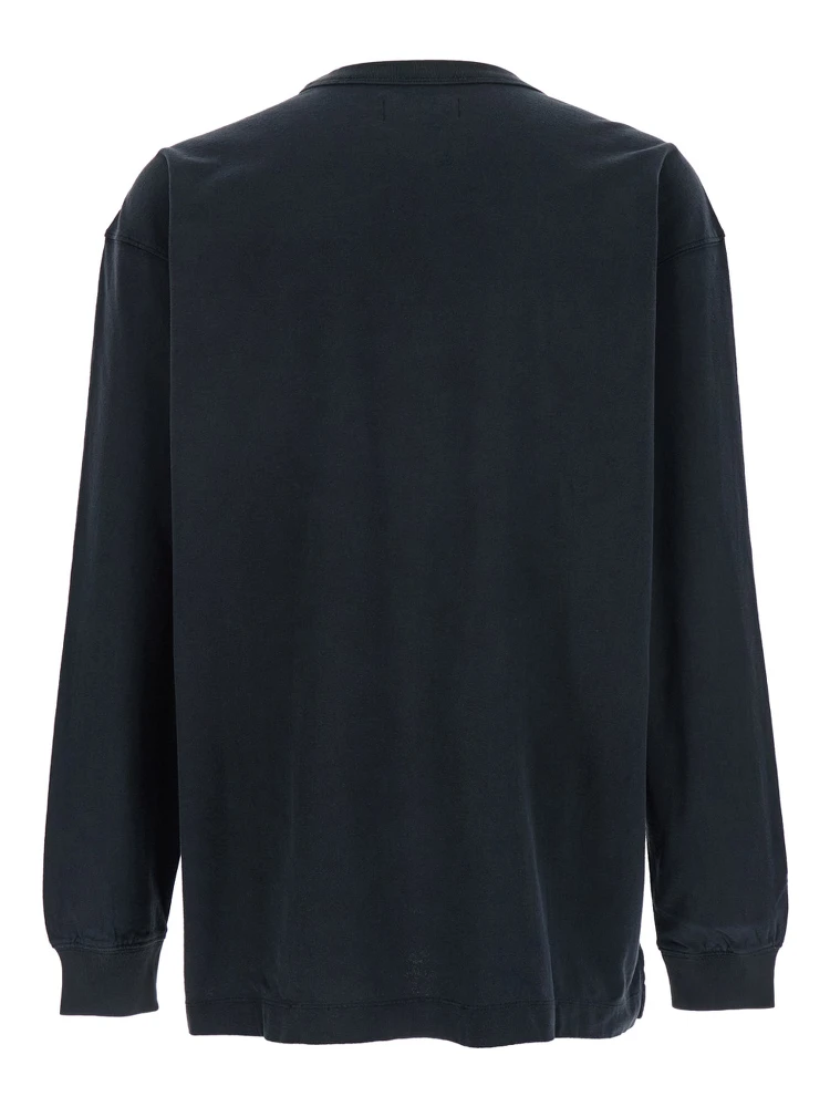 Black Crewneck T-Shirt with Long Sleeves and Tonal Logo Lettering Embroidery on the Front in Cotton Man alternative