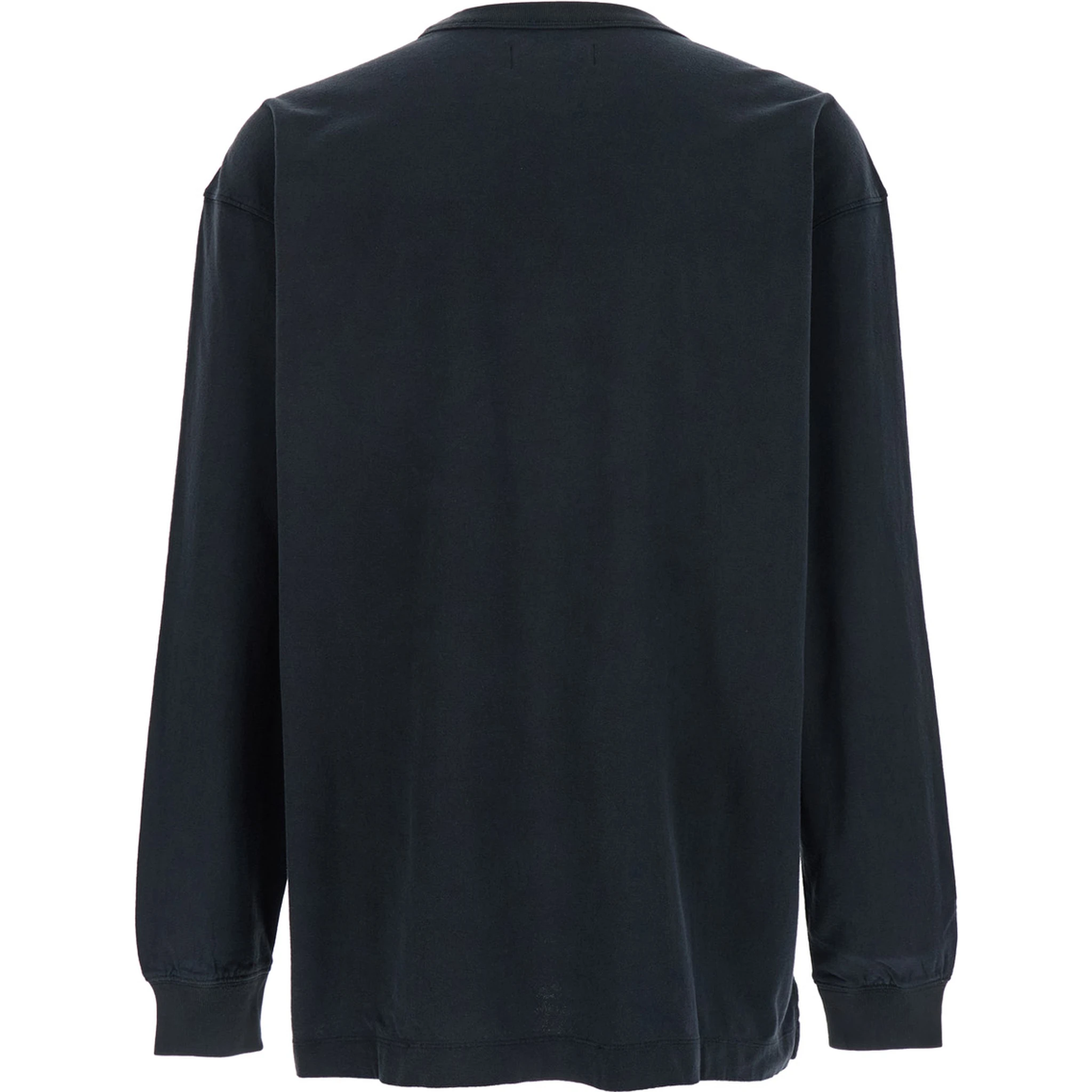 Black Crewneck T-Shirt with Long Sleeves and Tonal Logo Lettering Embroidery on the Front in Cotton Man