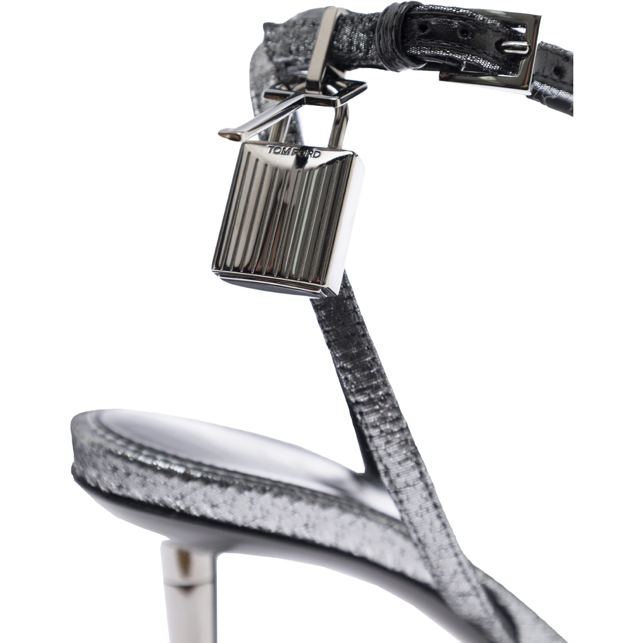 Metallic Sandals with High Stiletto Heel and Padlock Detail on the Ankle in Leather Woman