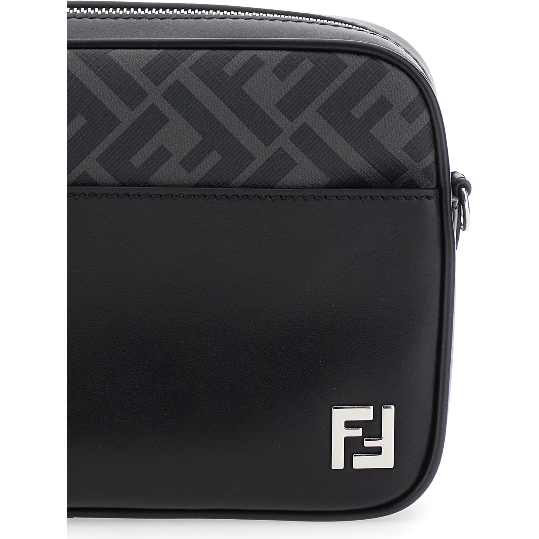 “Camera Case” Black Crossbody Bag with FF Motif in Leather Man