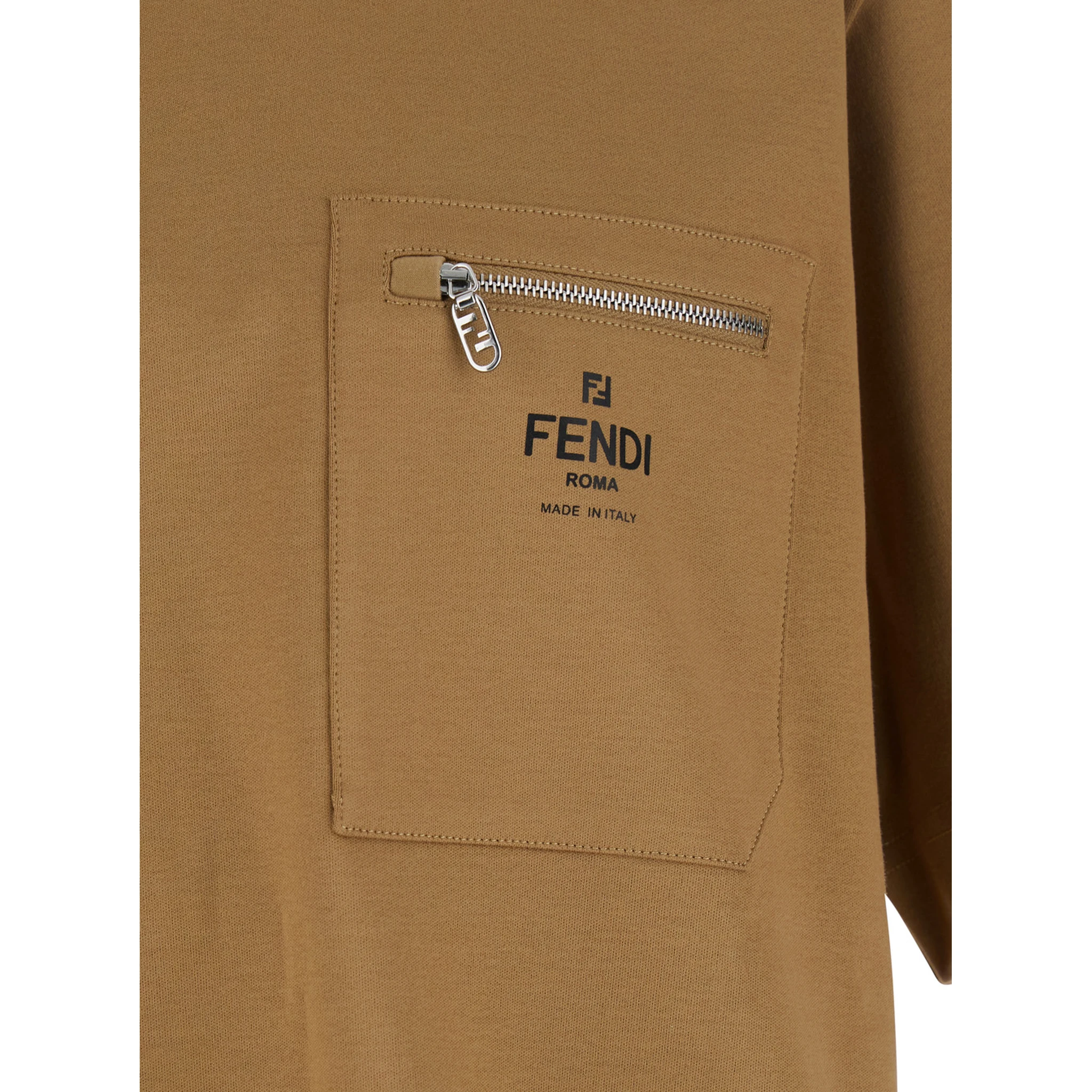 Beige T-Shirt with FF Patch Pocket in Cotton Man