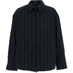 Black Jacket with Classic Collar and All-Over Stirped Motif in Wool and Cotton Blend Man