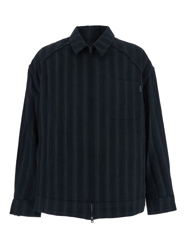 Black Jacket with Classic Collar and All-Over Stirped Motif in Wool and Cotton Blend Man