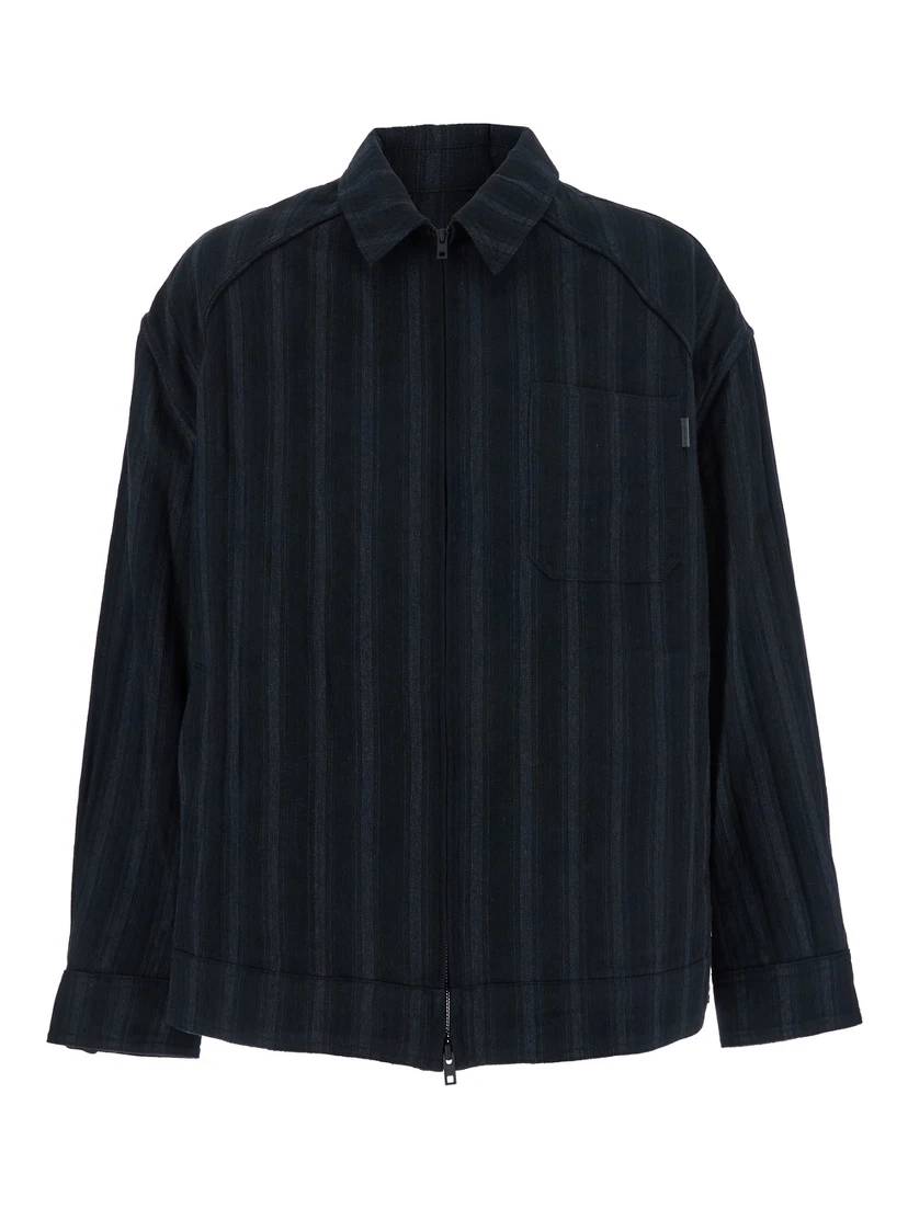 Black Jacket with Classic Collar and All-Over Stirped Motif in Wool and Cotton Blend Man