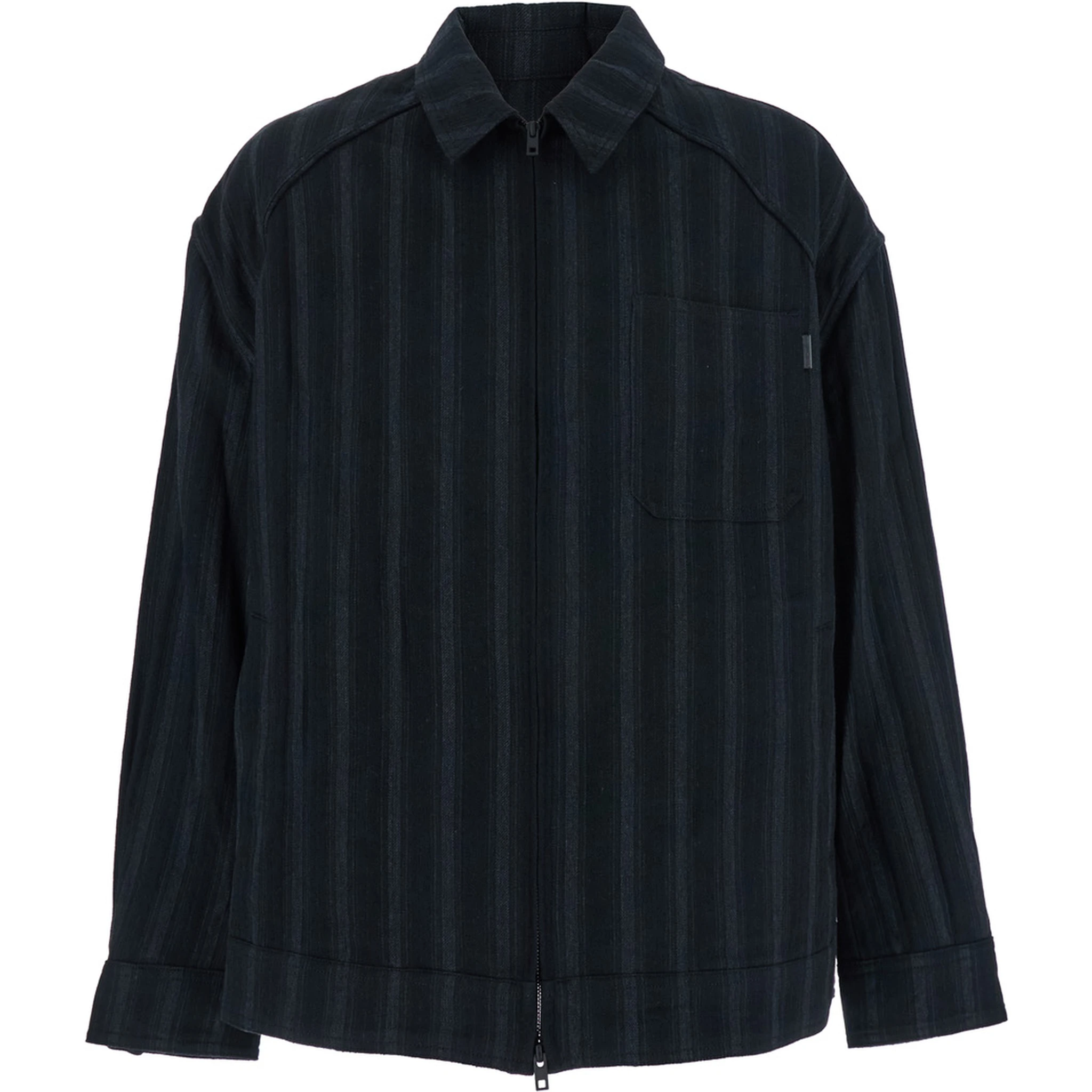 Black Jacket with Classic Collar and All-Over Stirped Motif in Wool and Cotton Blend Man
