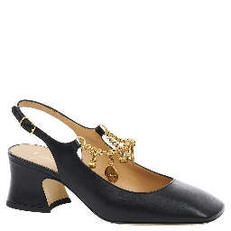 Black Pumps with Decorative Logo Charm and Wide Heel in Leather Woman