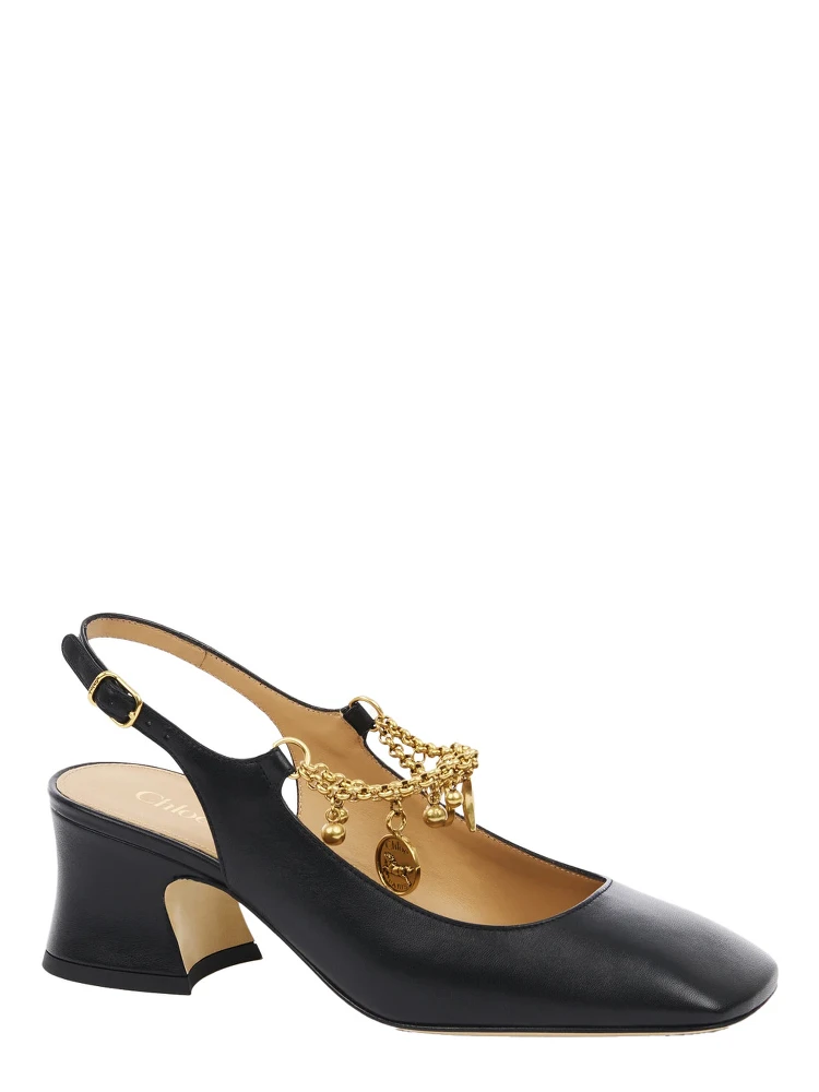 Black Pumps with Decorative Logo Charm and Wide Heel in Leather Woman alternative