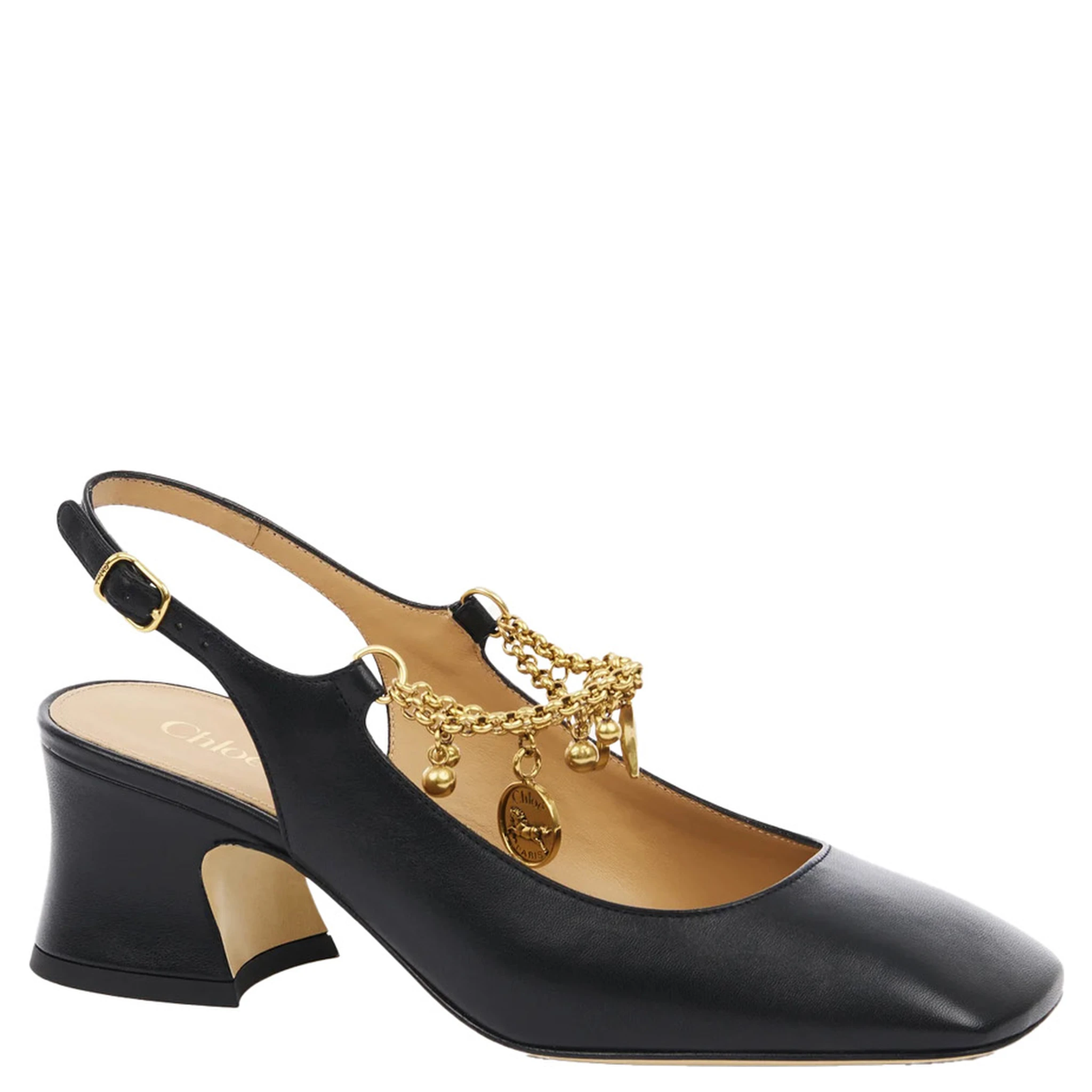 Black Pumps with Decorative Logo Charm and Wide Heel in Leather Woman
