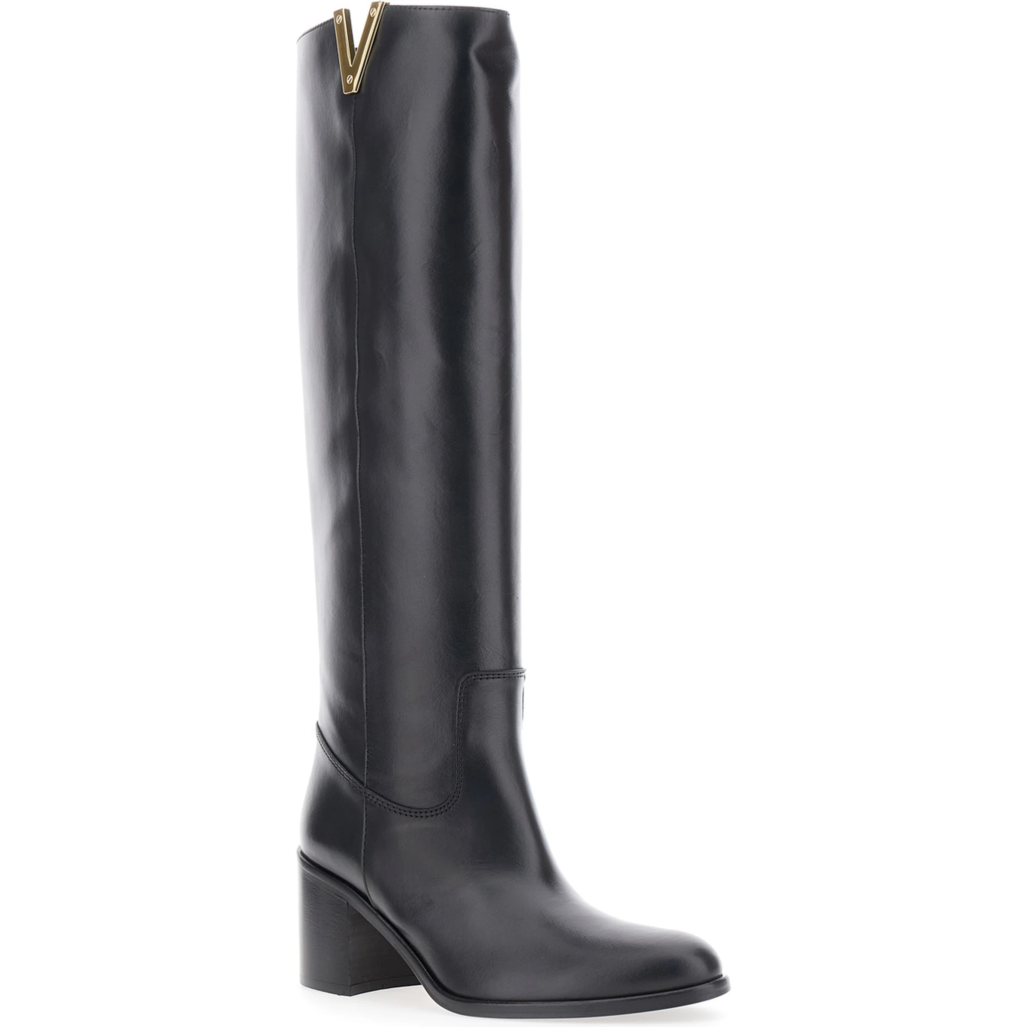 Black Knee-High Boots with Cut-Out on the Side and Logo Plaque in Leather Woman