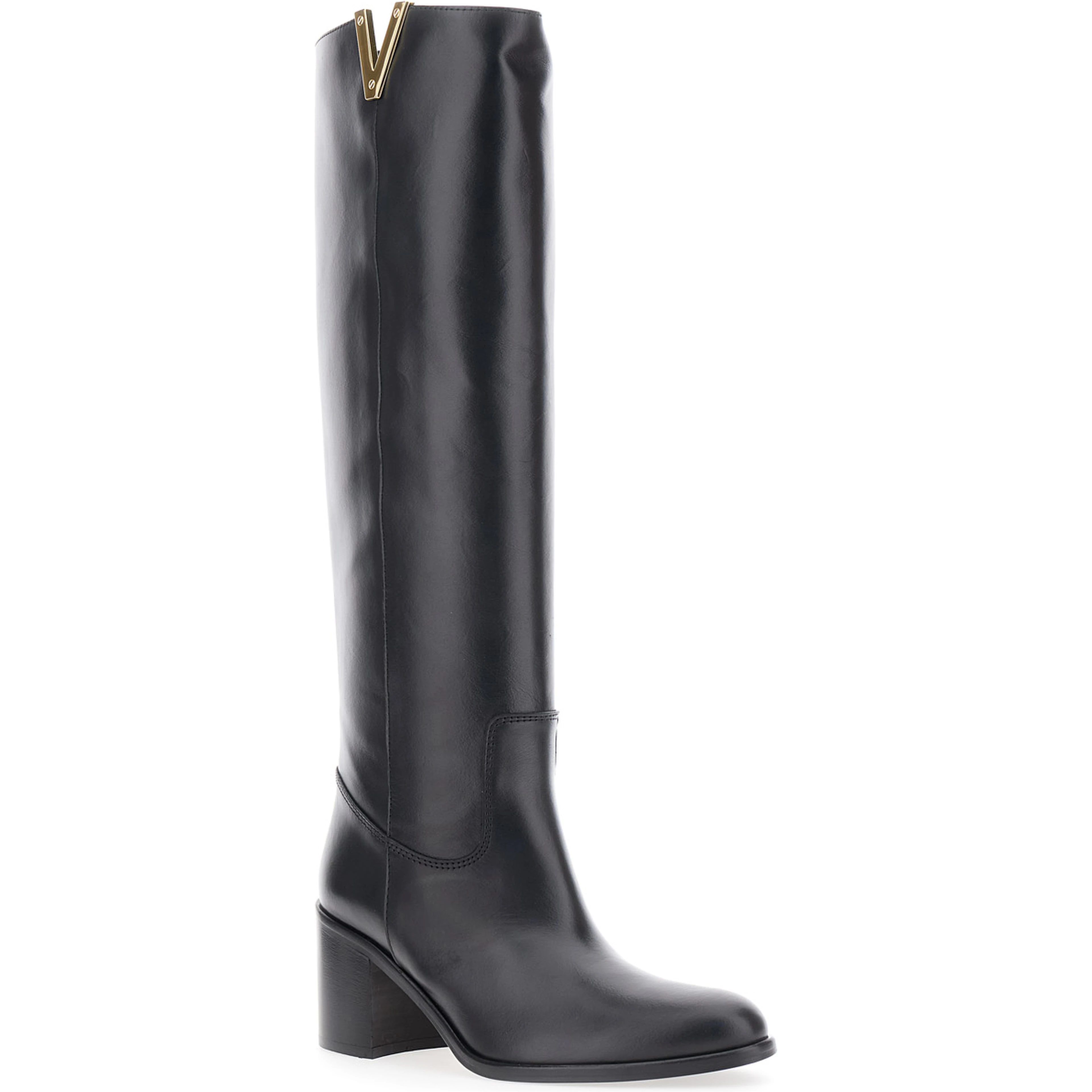 Black Knee-High Boots with Cut-Out on the Side and Logo Plaque in Leather Woman