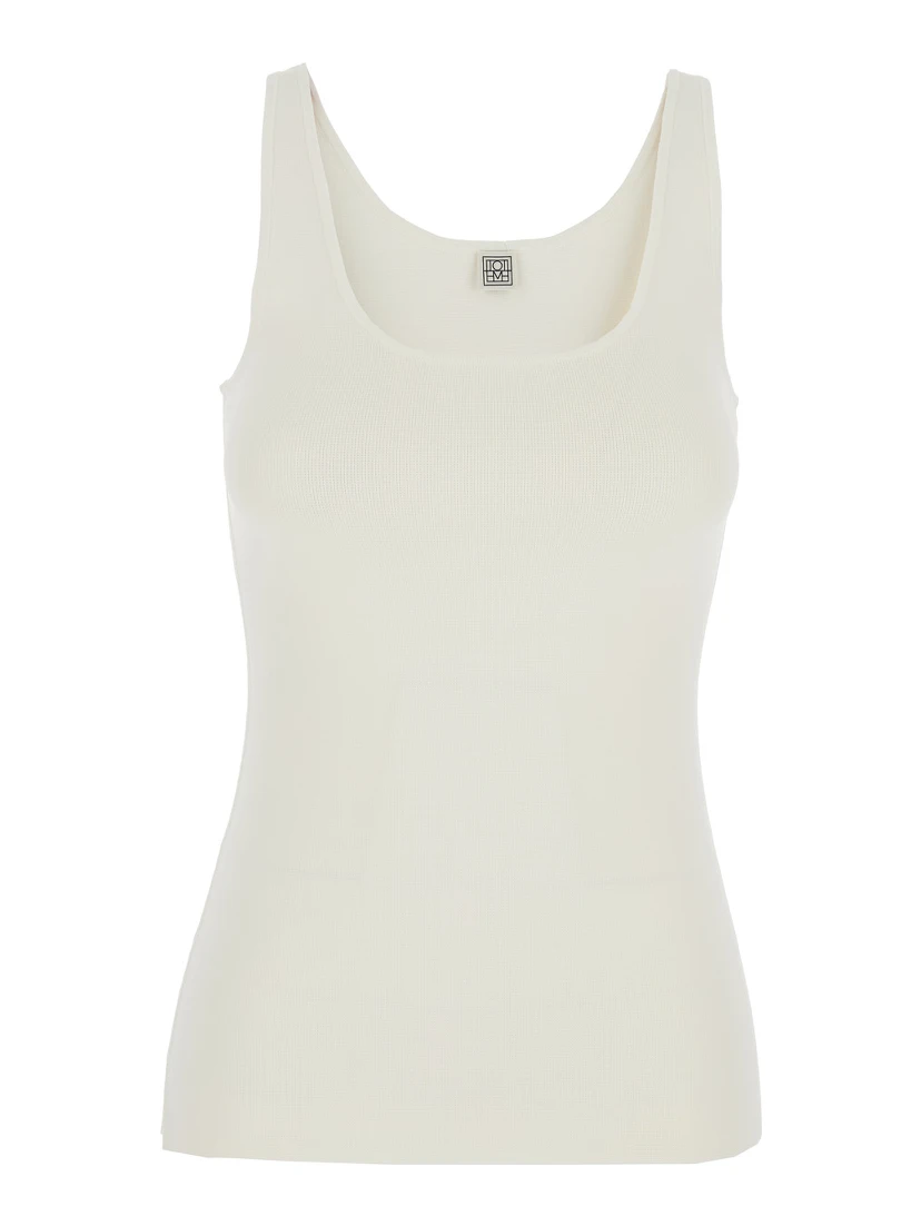 White Sleeveless Top with Round Neck in Viscose Blend Stretch Woman