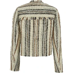Izaria Beige Jacket with Fringed Round Neck and All-Over Striped Motif in Cotton and Wool Blend Woman