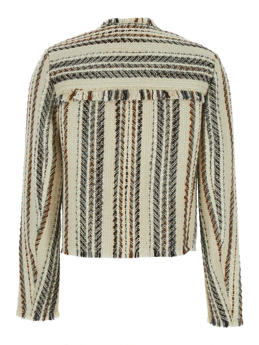 Izaria Beige Jacket with Fringed Round Neck and All-Over Striped Motif in Cotton and Wool Blend Woman