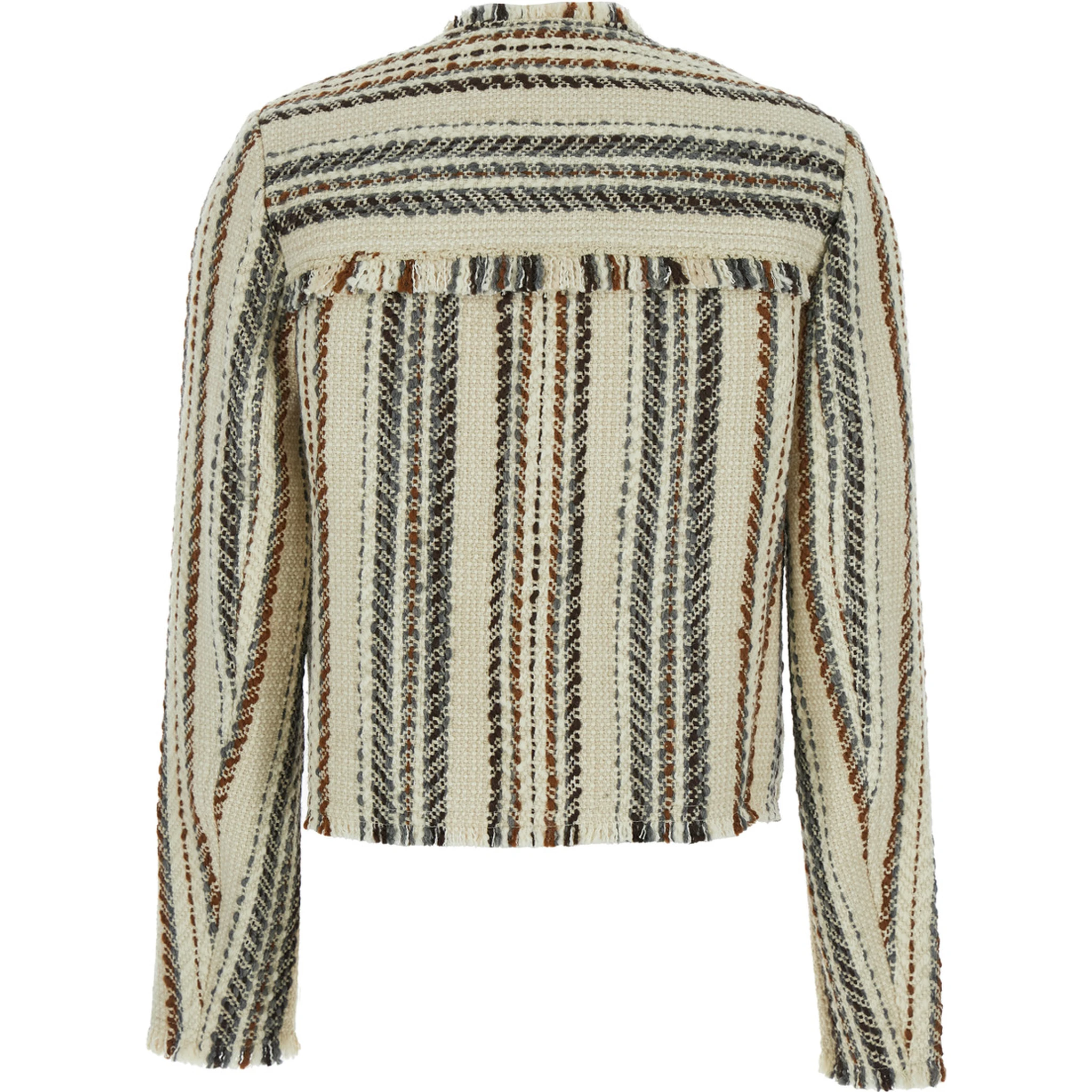 Izaria Beige Jacket with Fringed Round Neck and All-Over Striped Motif in Cotton and Wool Blend Woman