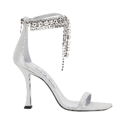 Crystal Metallic Sandals with Rhinestoned Ankle Strap and High Curved Heel in Leather Woman