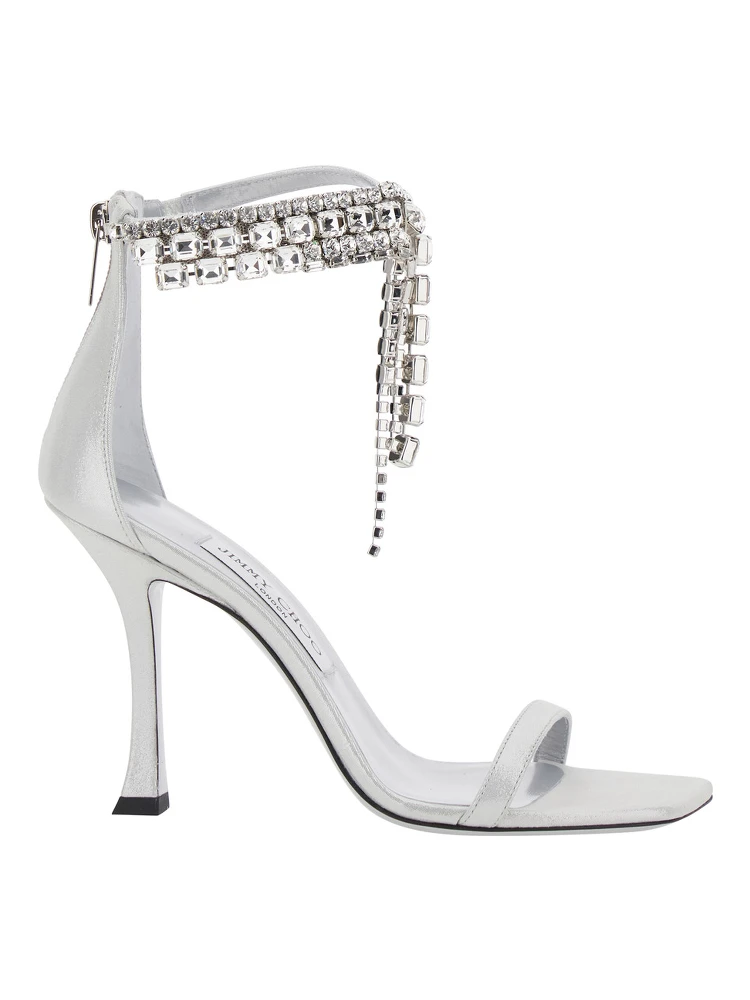 Crystal Metallic Sandals with Rhinestoned Ankle Strap and High Curved Heel in Leather Woman