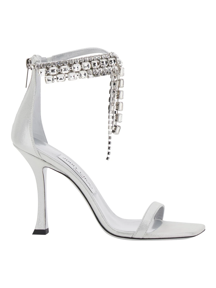 Crystal Metallic Sandals with Rhinestoned Ankle Strap and High Curved Heel in Leather Woman