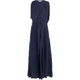 Blue Sleeveless Long Dress with V Neck in Fabric Woman