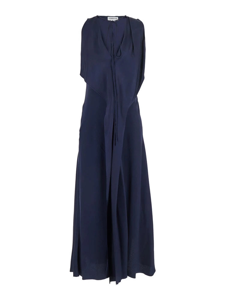Blue Sleeveless Long Dress with V Neck in Fabric Woman
