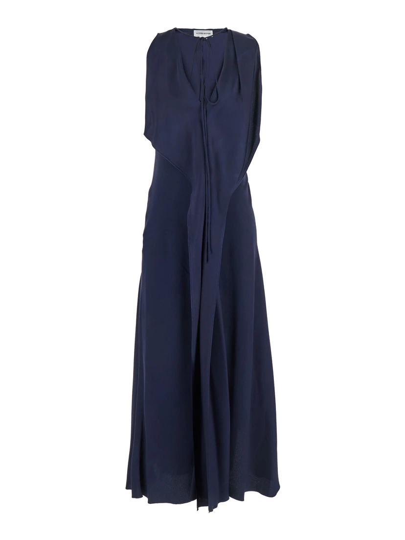 Blue Sleeveless Long Dress with V Neck in Fabric Woman