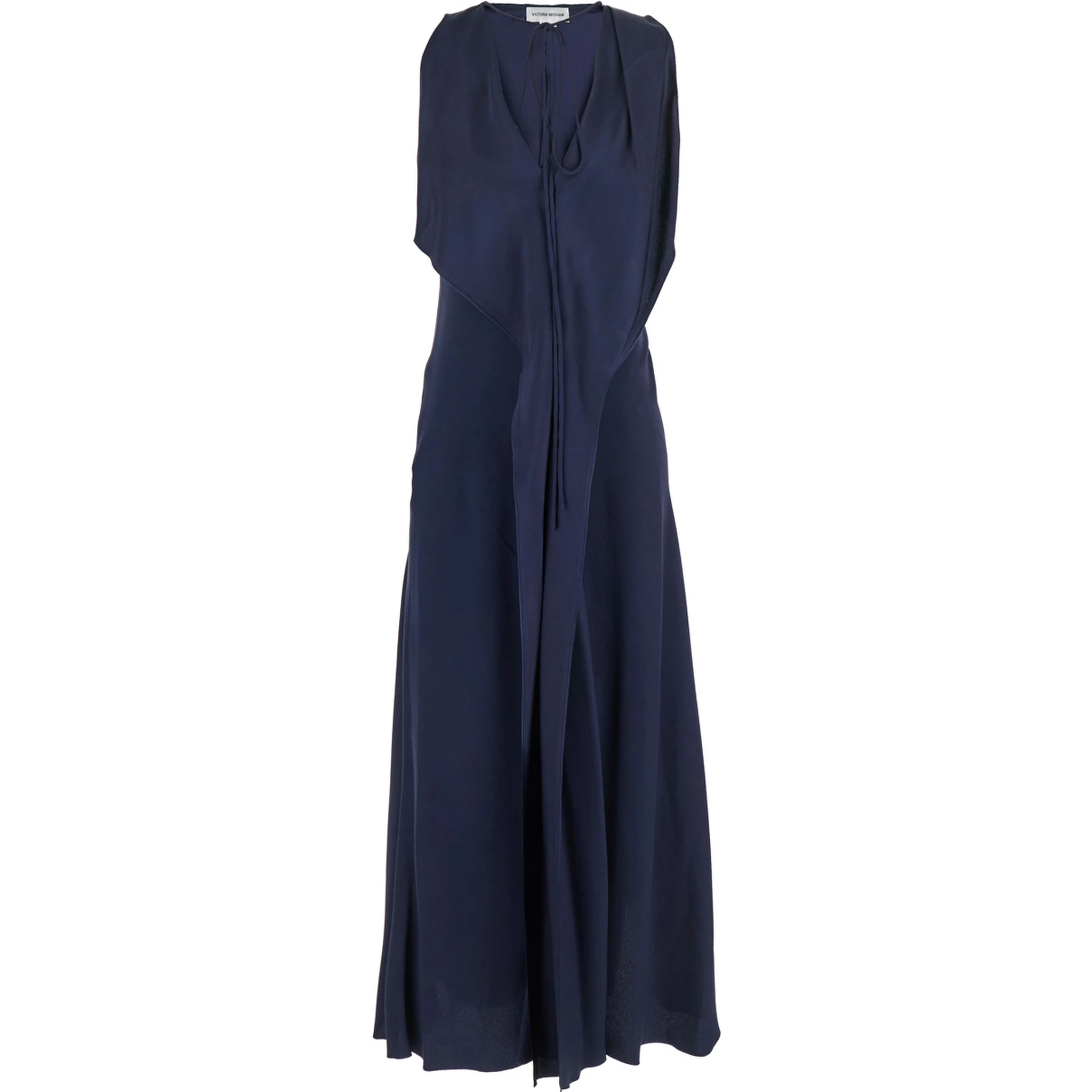 Blue Sleeveless Long Dress with V Neck in Fabric Woman