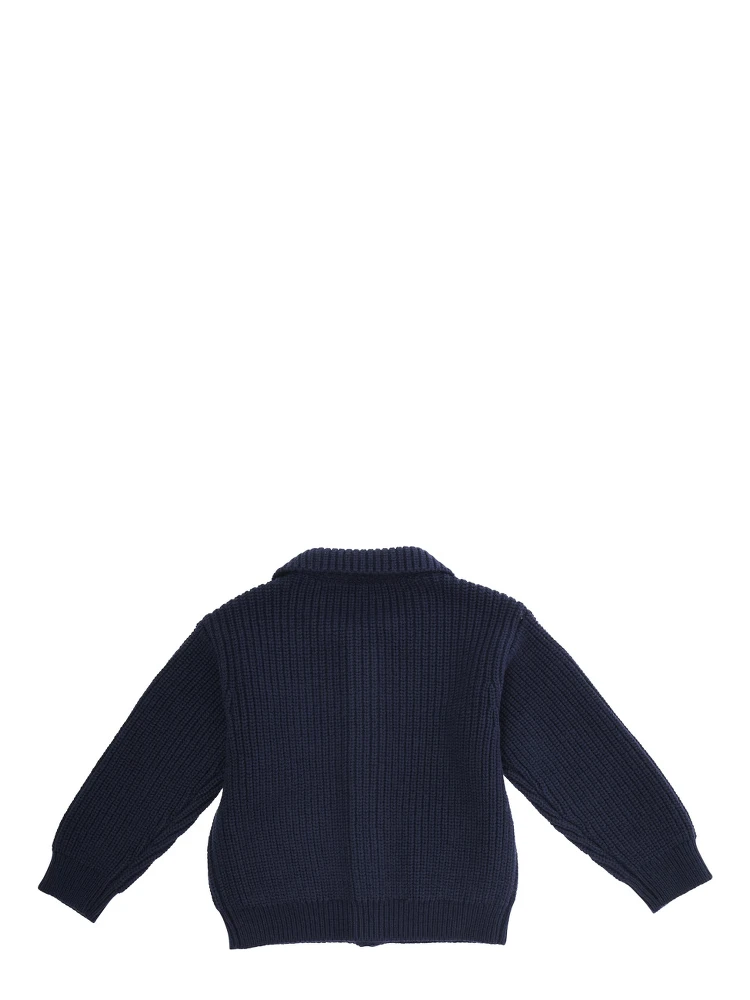Blue Cardigan with Ribbed Design and Embroidered Logo on Front in Cotton Mix Baby alternative