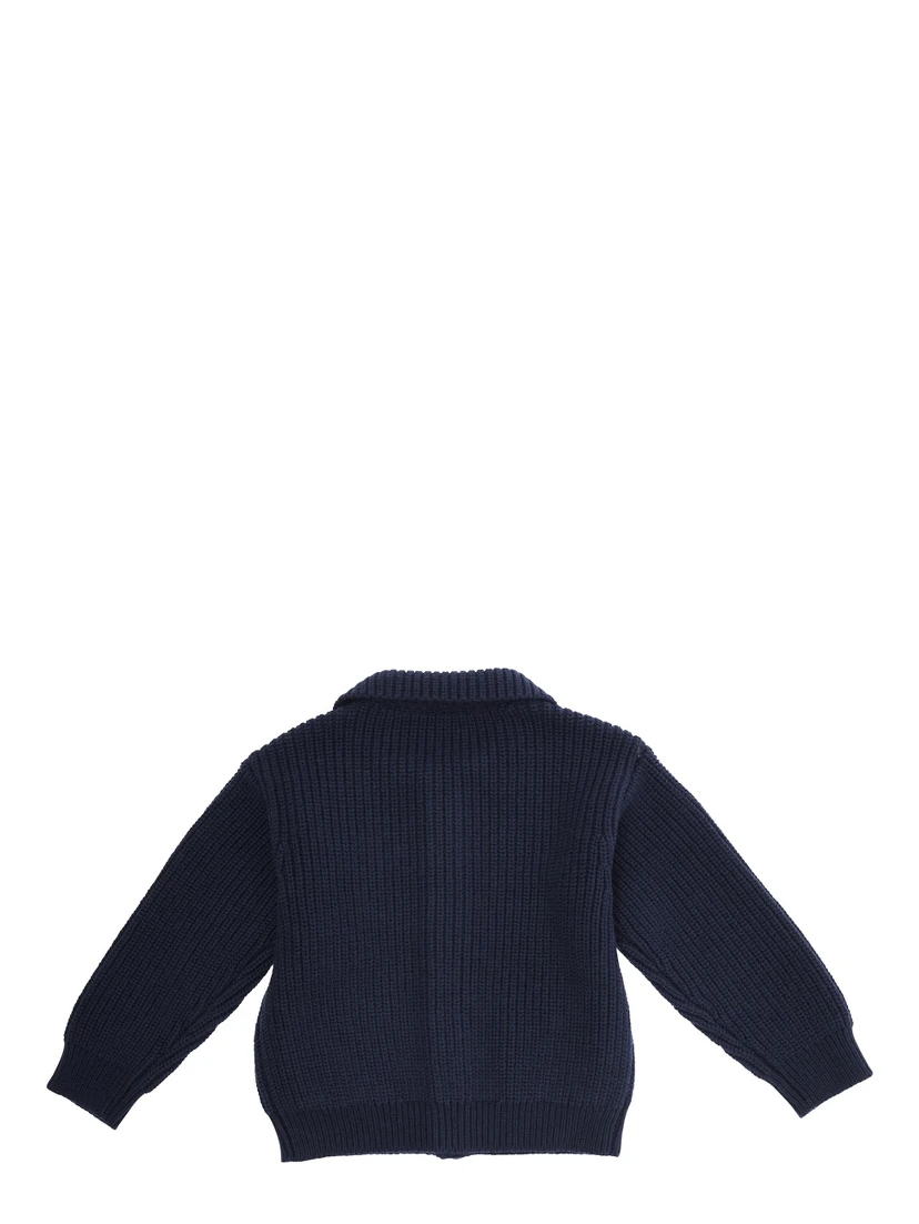 Blue Cardigan with Ribbed Design and Embroidered Logo on Front in Cotton Mix Baby
