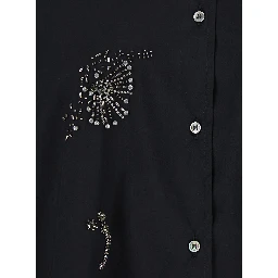 Black Shirt with Classic Collar and Rhinestone Embellishments on the Front in Cotton Woman