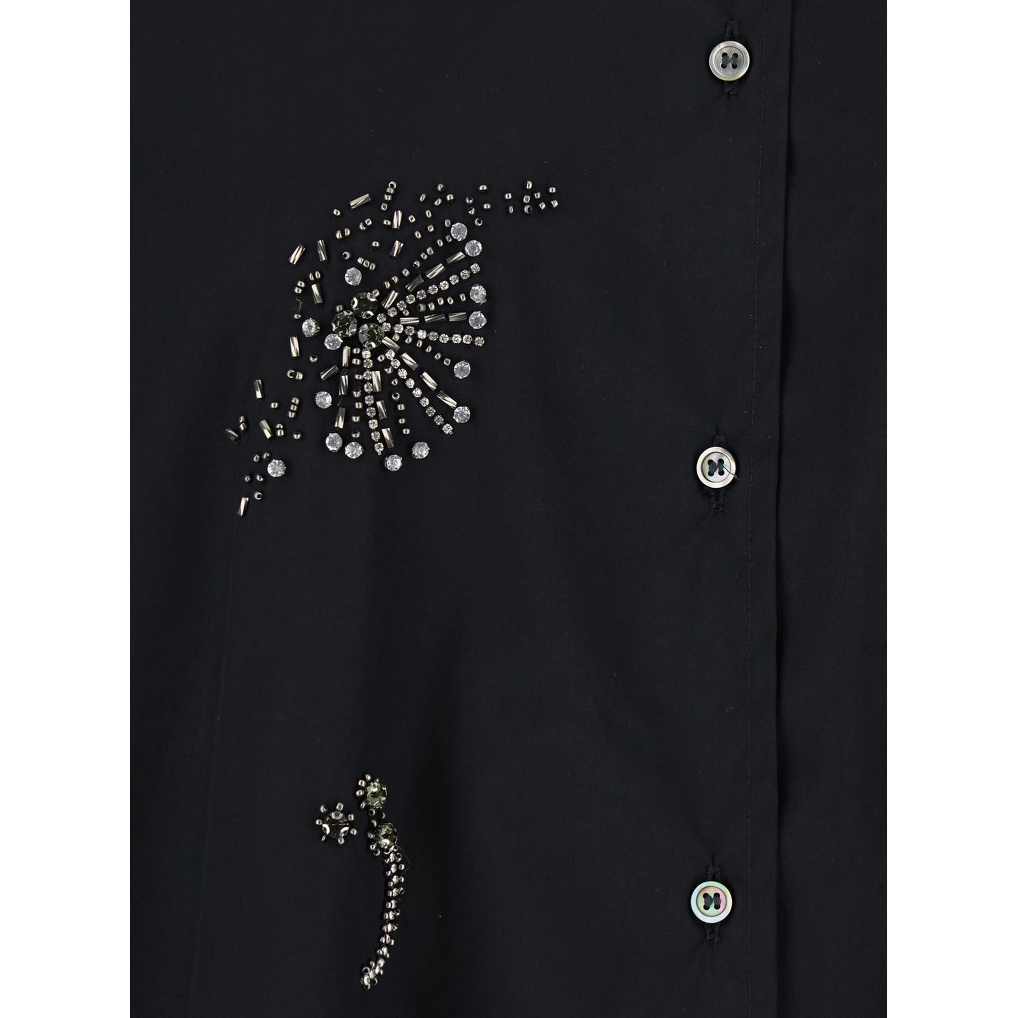 Black Shirt with Classic Collar and Rhinestone Embellishments on the Front in Cotton Woman