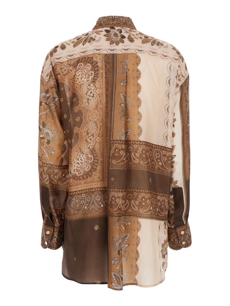 Lucky Brown Shirt with Classic Collar and All-Over Floral Print in Silk Woman alternative