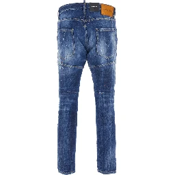 Tidy Biker Blue Jeans with Paint Embellishments and Logo Patch on the Rear in Denim Man