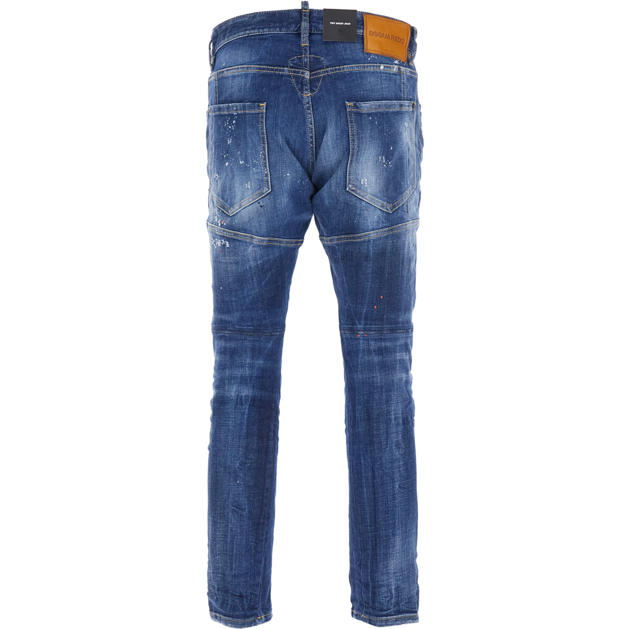 Tidy Biker Blue Jeans with Paint Embellishments and Logo Patch on the Rear in Denim Man