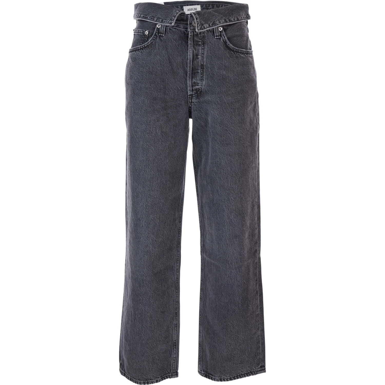 Black Jeans with Front-Fold Design and Logo Patch on the Rear in Denim Woman